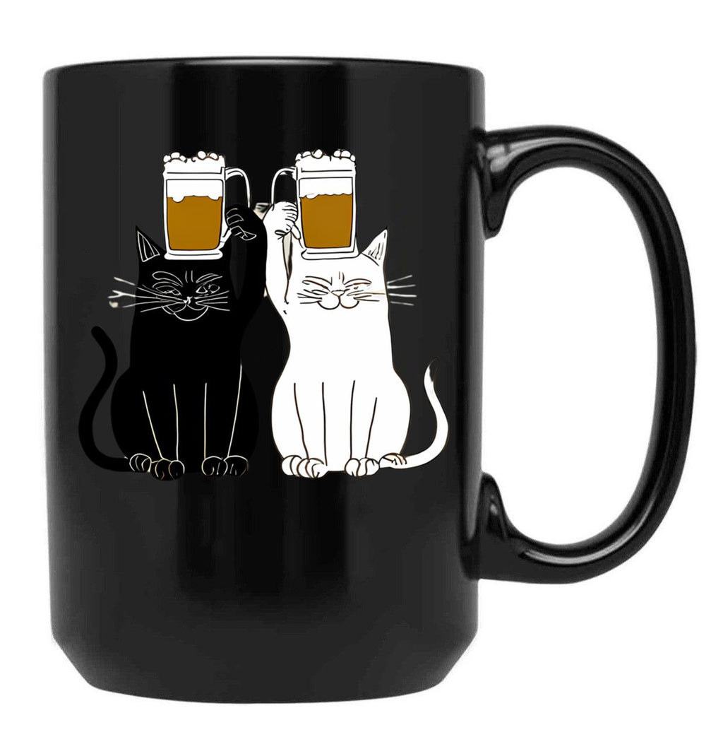 Cats Cheers With Beers - Funny Cat Drawing Black Coffee Mug, Gift Coffee Mug