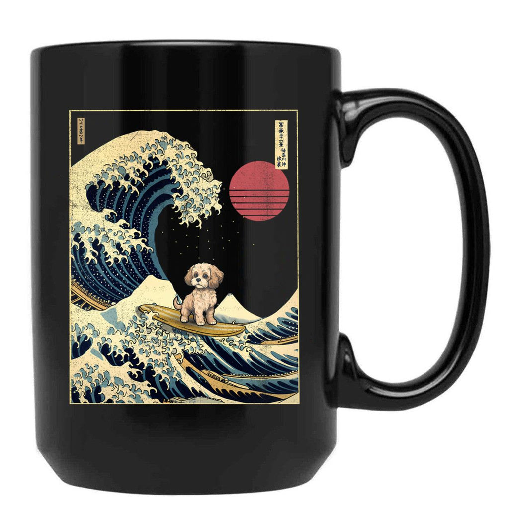 Cavachon Kanagawa Japanese Surfing Wave Black Coffee Mug, Gift Coffee Mug