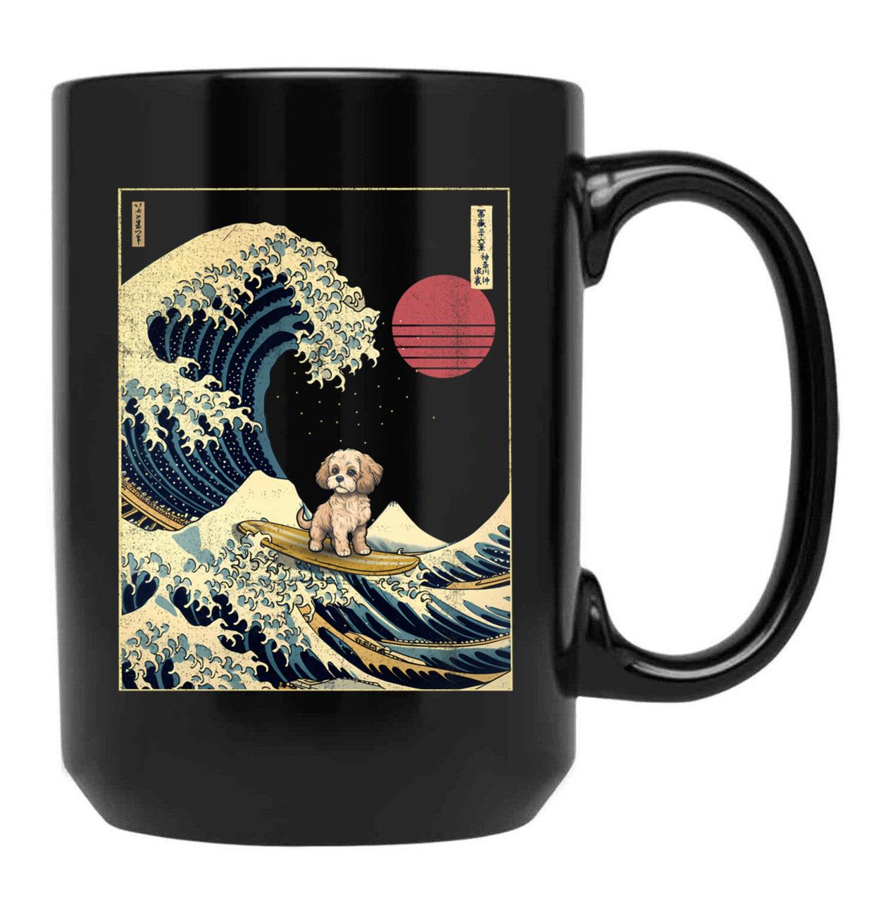 Cavachon Kanagawa Japanese Surfing Wave Black Coffee Mug, Gift Coffee Mug
