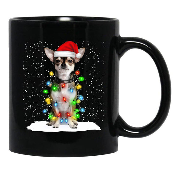Chihuahua Christmas Santa Hat Xmas Color Lights Black Coffee Mug, Gift Coffee Mug - Black