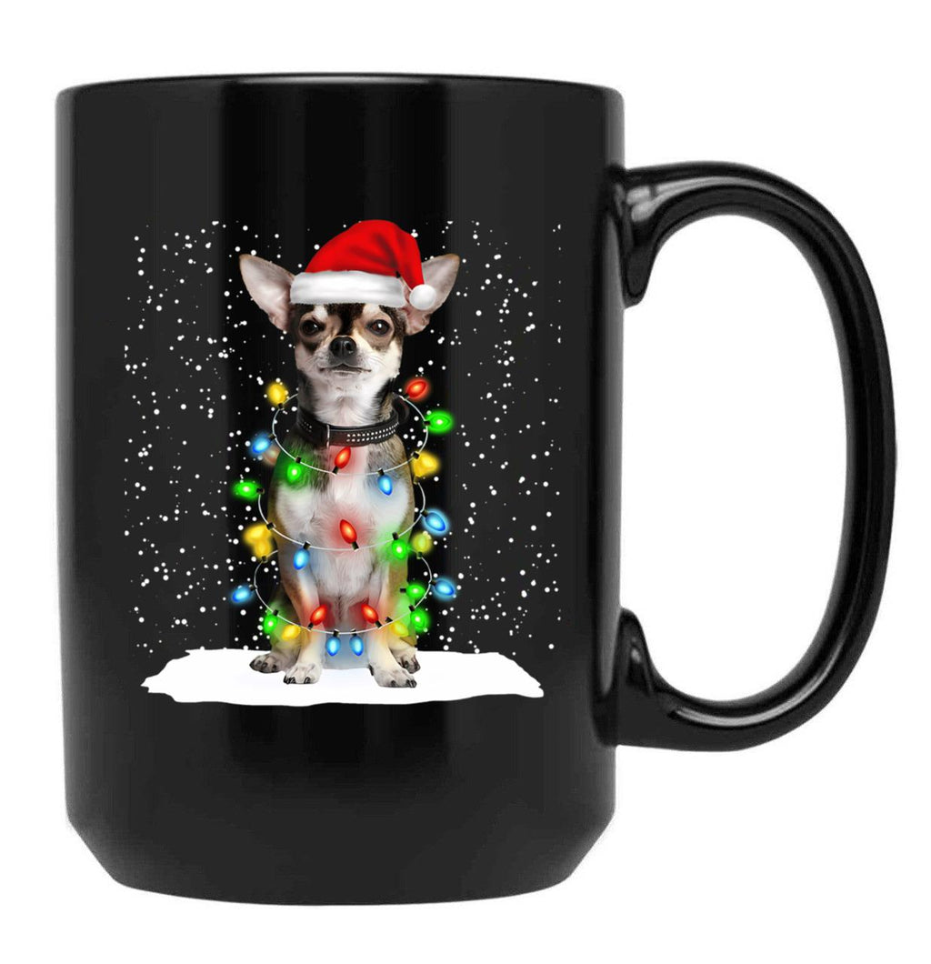 Chihuahua Christmas Santa Hat Xmas Color Lights Black Coffee Mug, Gift Coffee Mug