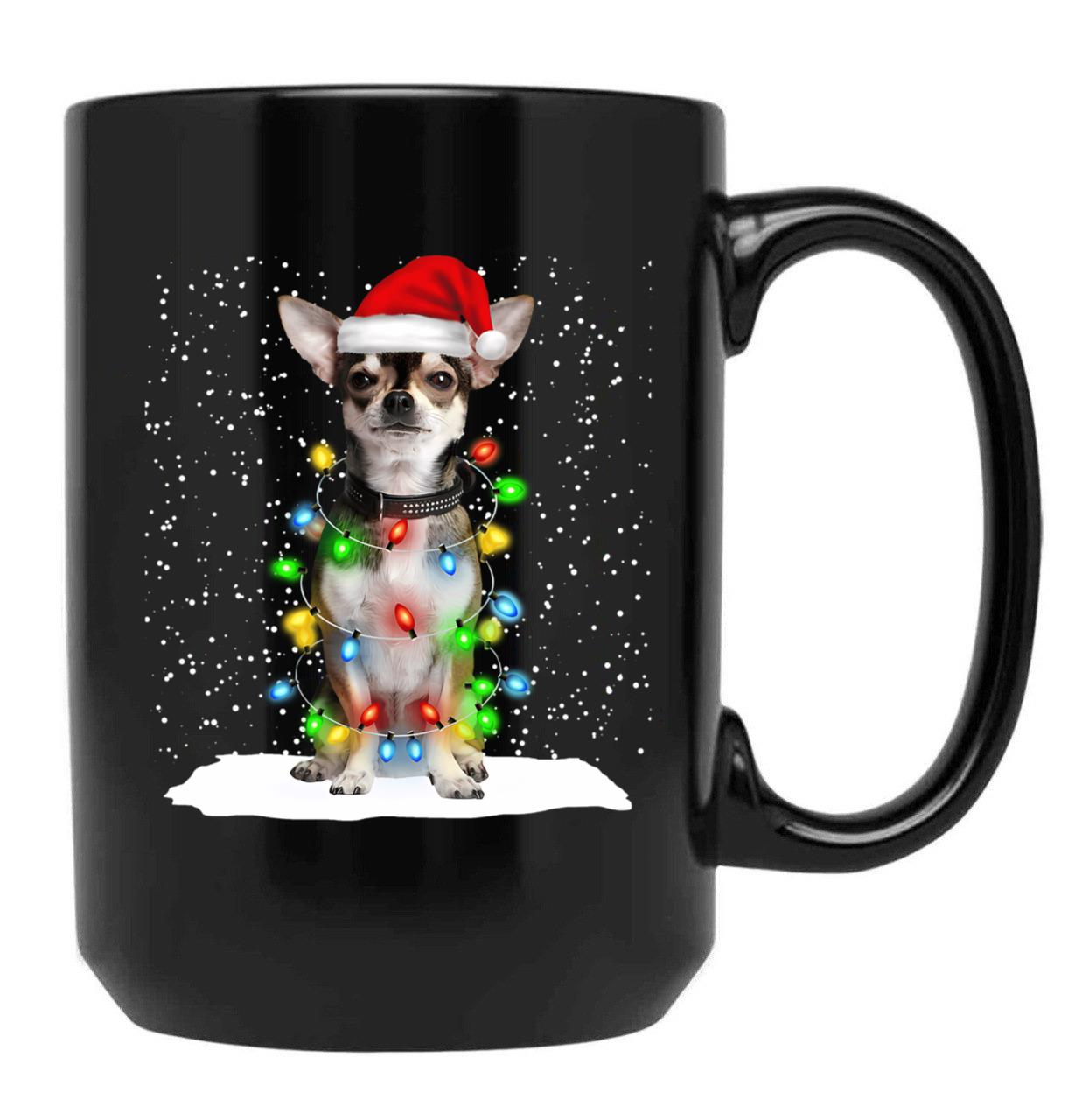 Chihuahua Christmas Santa Hat Xmas Color Lights Black Coffee Mug, Gift Coffee Mug