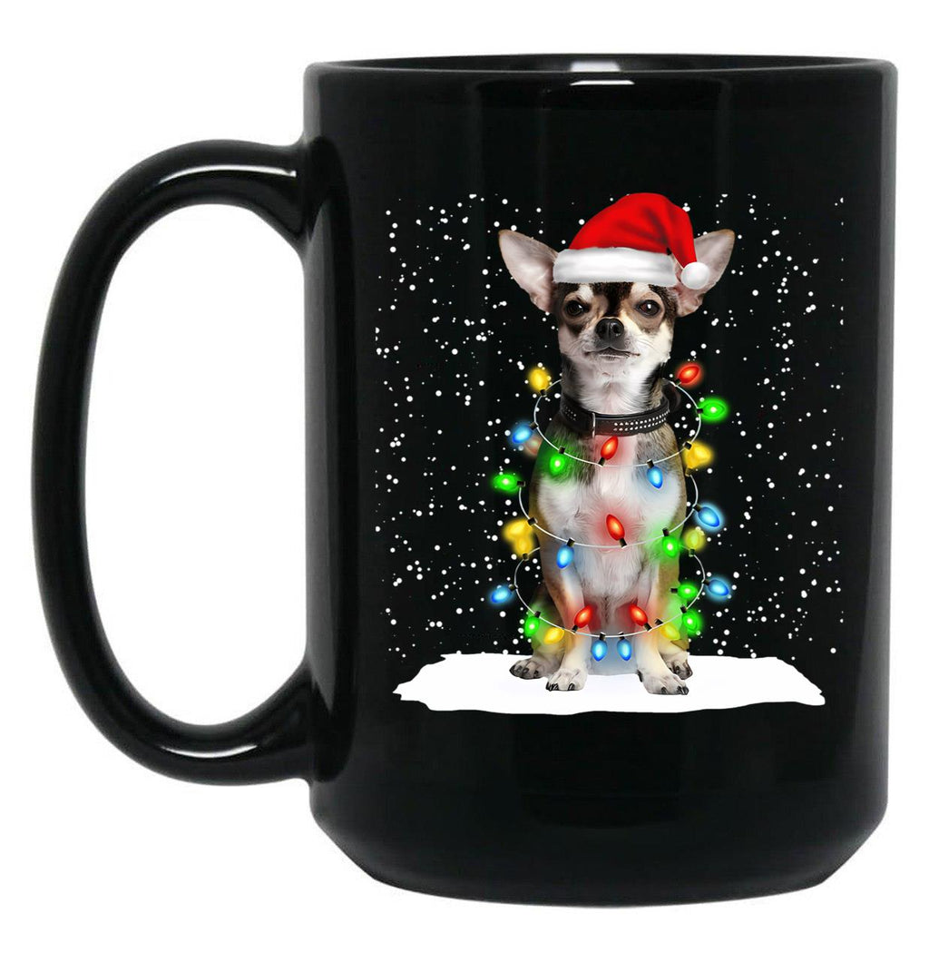 Chihuahua Christmas Santa Hat Xmas Color Lights Black Coffee Mug, Gift Coffee Mug