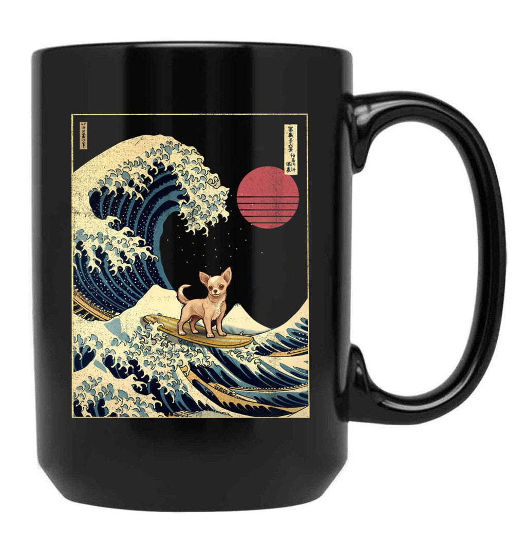 Chihuahua Kanagawa Japanese Surfing Wave Black Coffee Mug, Gift Coffee Mug