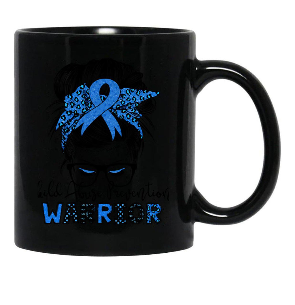 Child Abuse Prevention Warrior Messy Hair Bun Black Coffee Mug, Gift Coffee Mug - Black