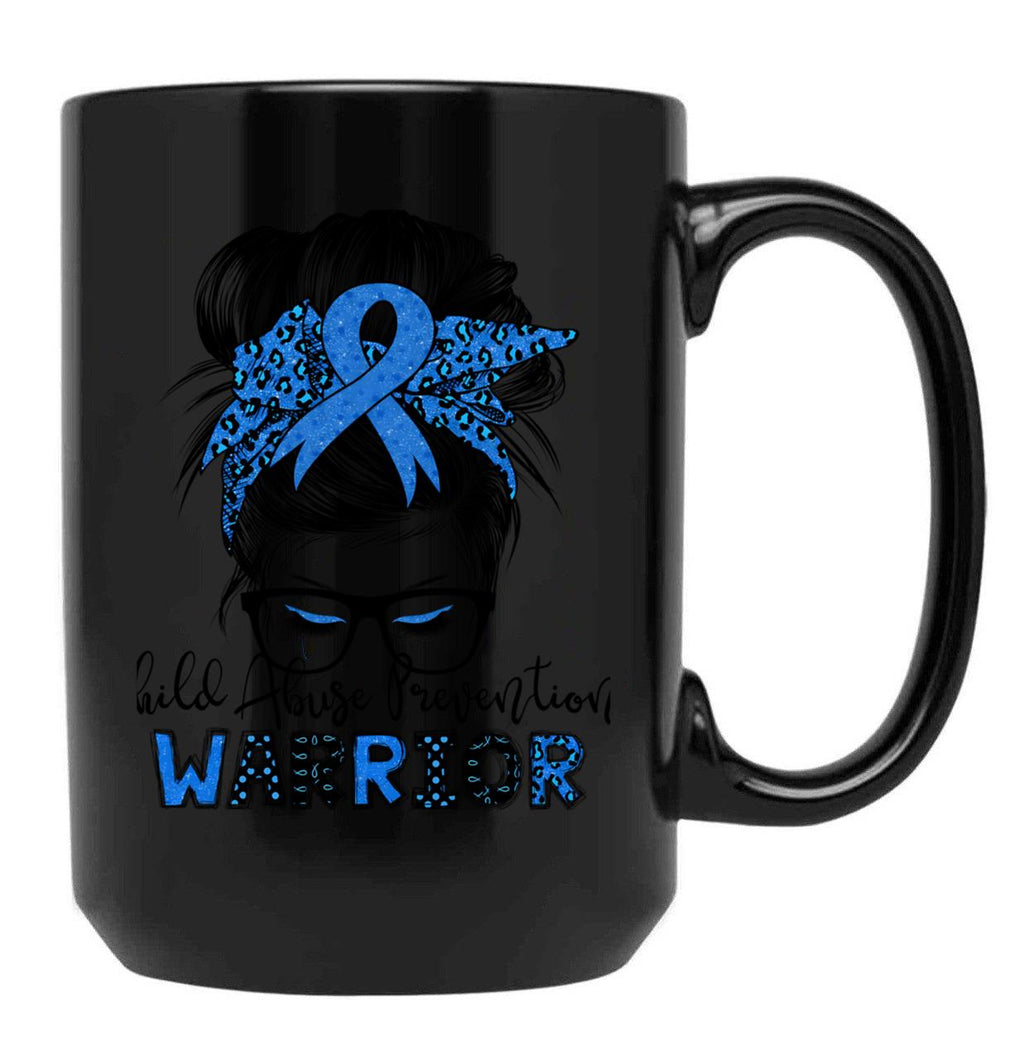 Child Abuse Prevention Warrior Messy Hair Bun Black Coffee Mug, Gift Coffee Mug