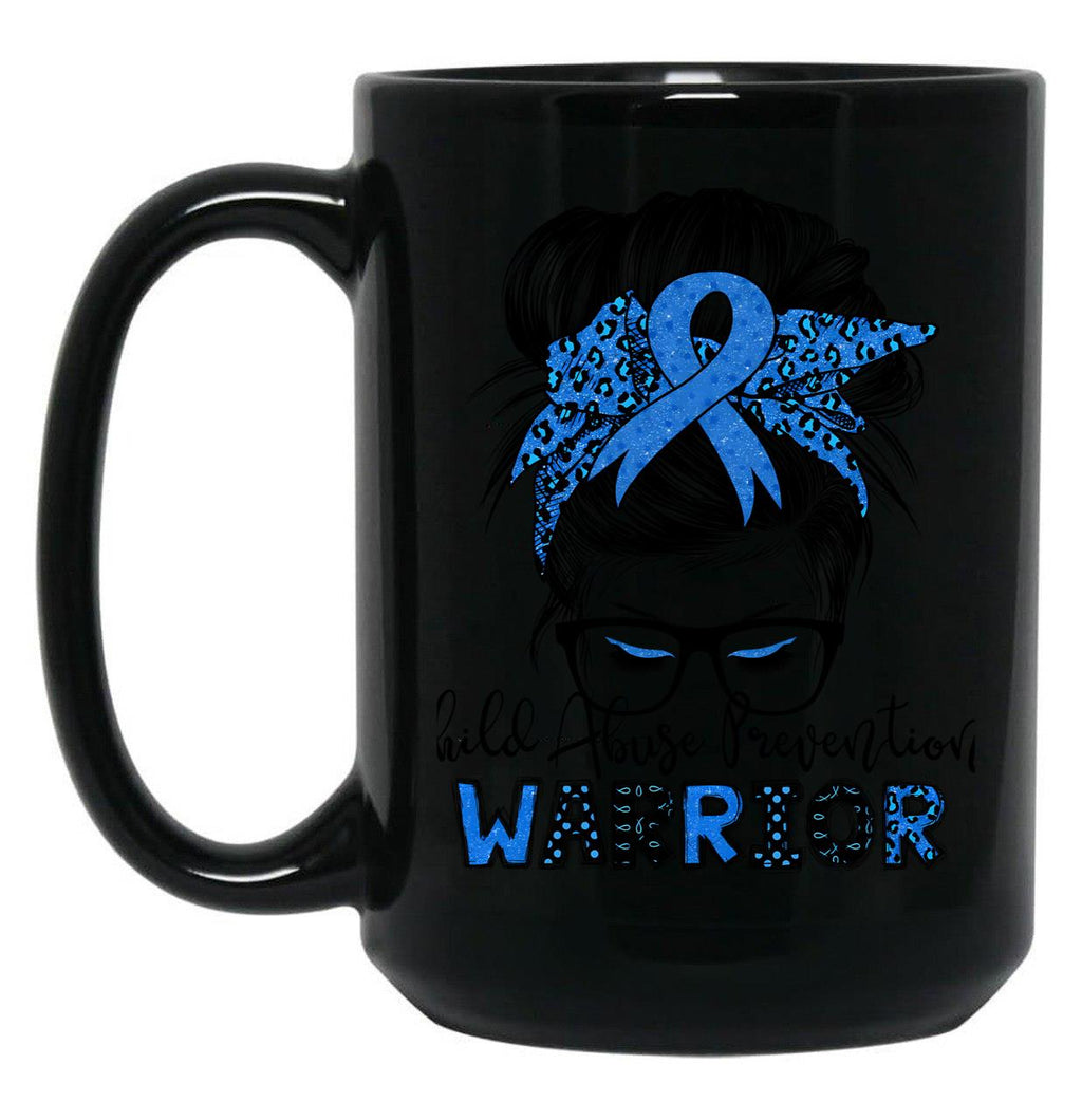 Child Abuse Prevention Warrior Messy Hair Bun Black Coffee Mug, Gift Coffee Mug