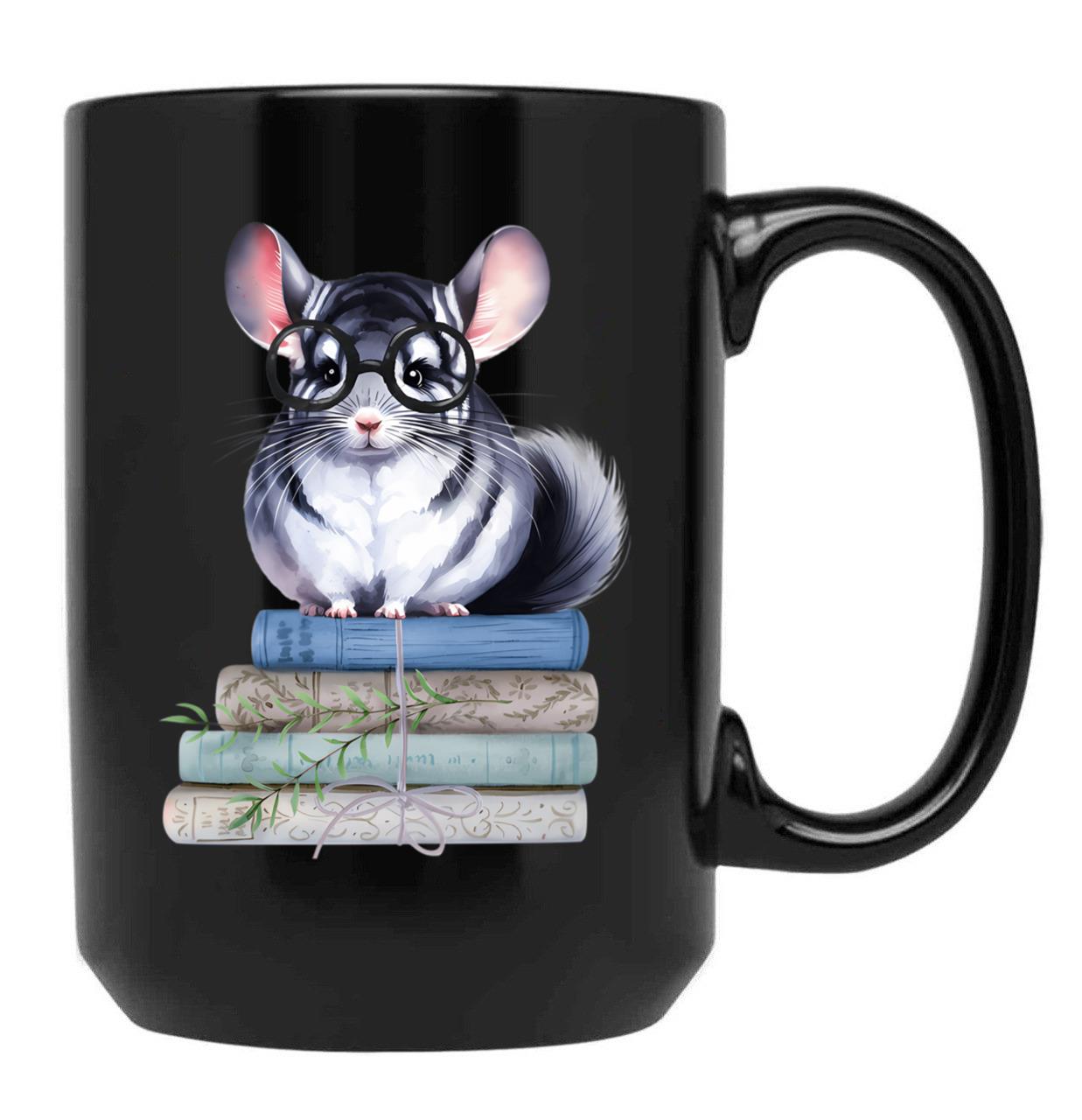 Chinchilla And Books Black Coffee Mug, Gift Coffee Mug