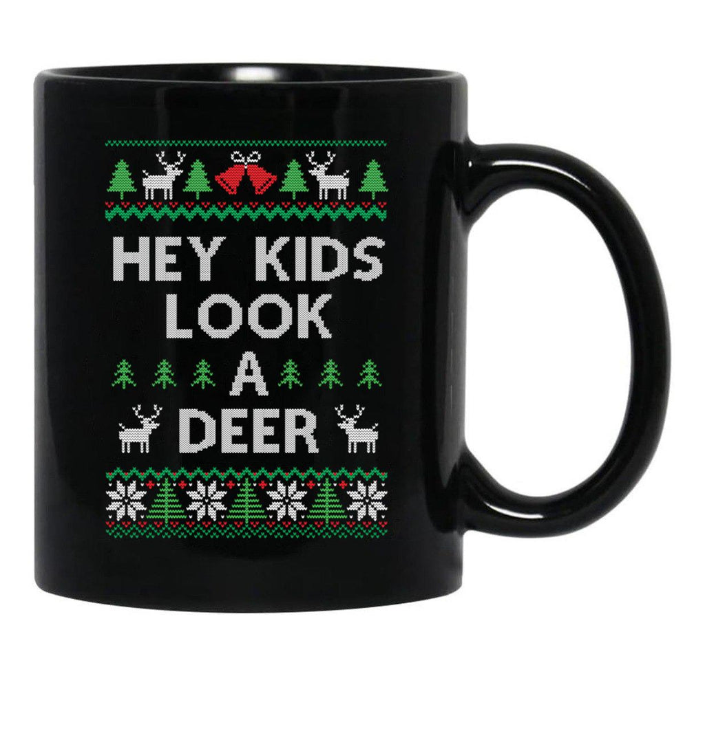 Christmas Hey Kids Look A Deer Ugly Sweater Style Black Coffee Mug, Gift Coffee Mug - Black