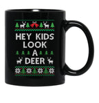 Christmas Hey Kids Look A Deer Ugly Sweater Style Black Coffee Mug, Gift Coffee Mug - Black