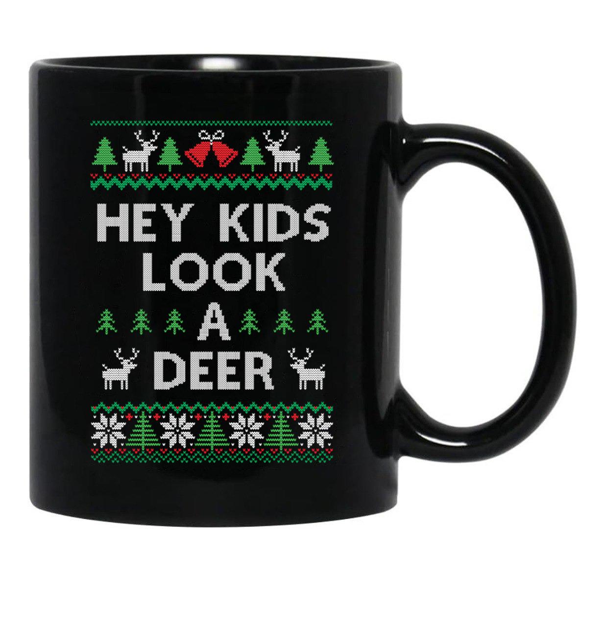 Christmas Hey Kids Look A Deer Ugly Sweater Style Black Coffee Mug, Gift Coffee Mug - Black