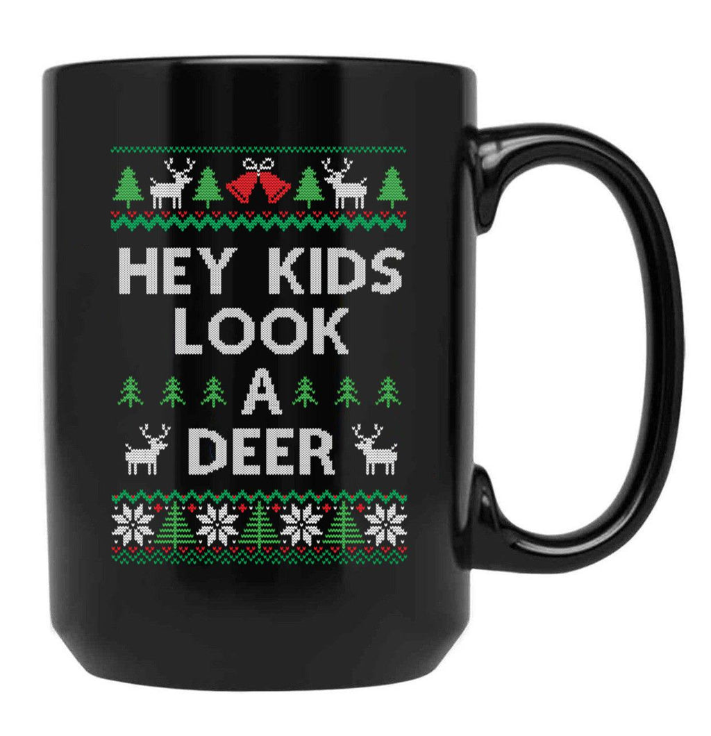 Christmas Hey Kids Look A Deer Ugly Sweater Style Black Coffee Mug, Gift Coffee Mug