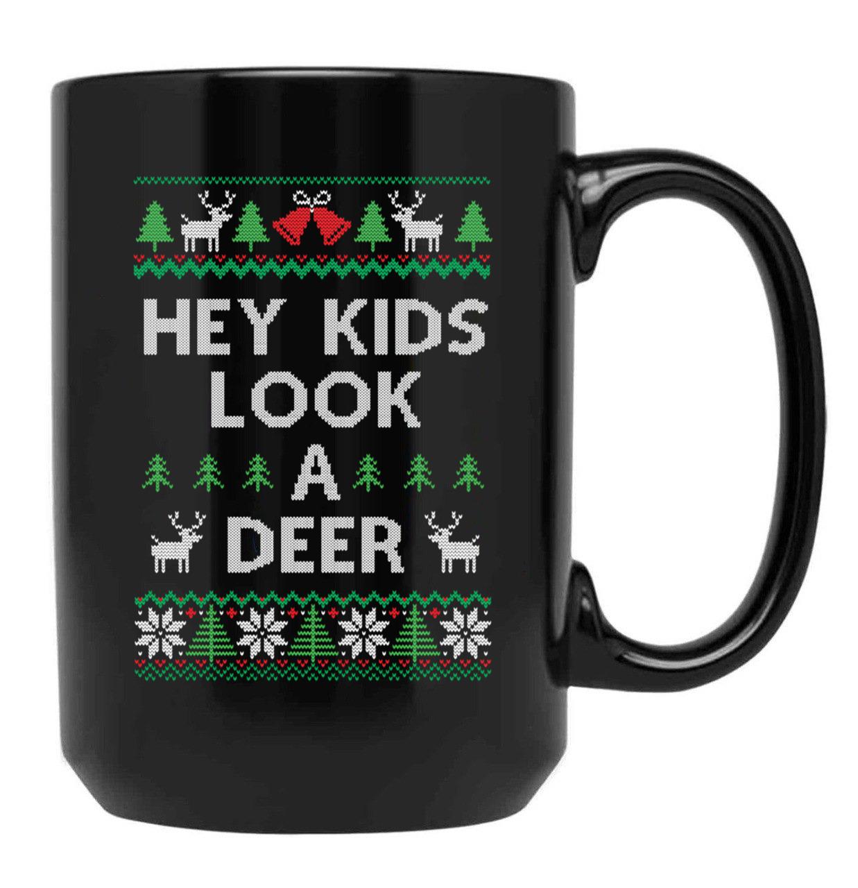 Christmas Hey Kids Look A Deer Ugly Sweater Style Black Coffee Mug, Gift Coffee Mug