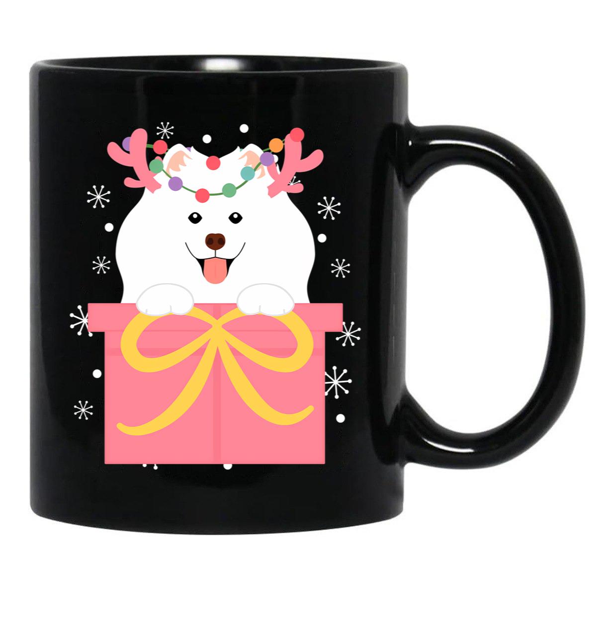 Christmas Reindeer Samoyed In A Gift Box Black Coffee Mug, Gift Coffee Mug - Black