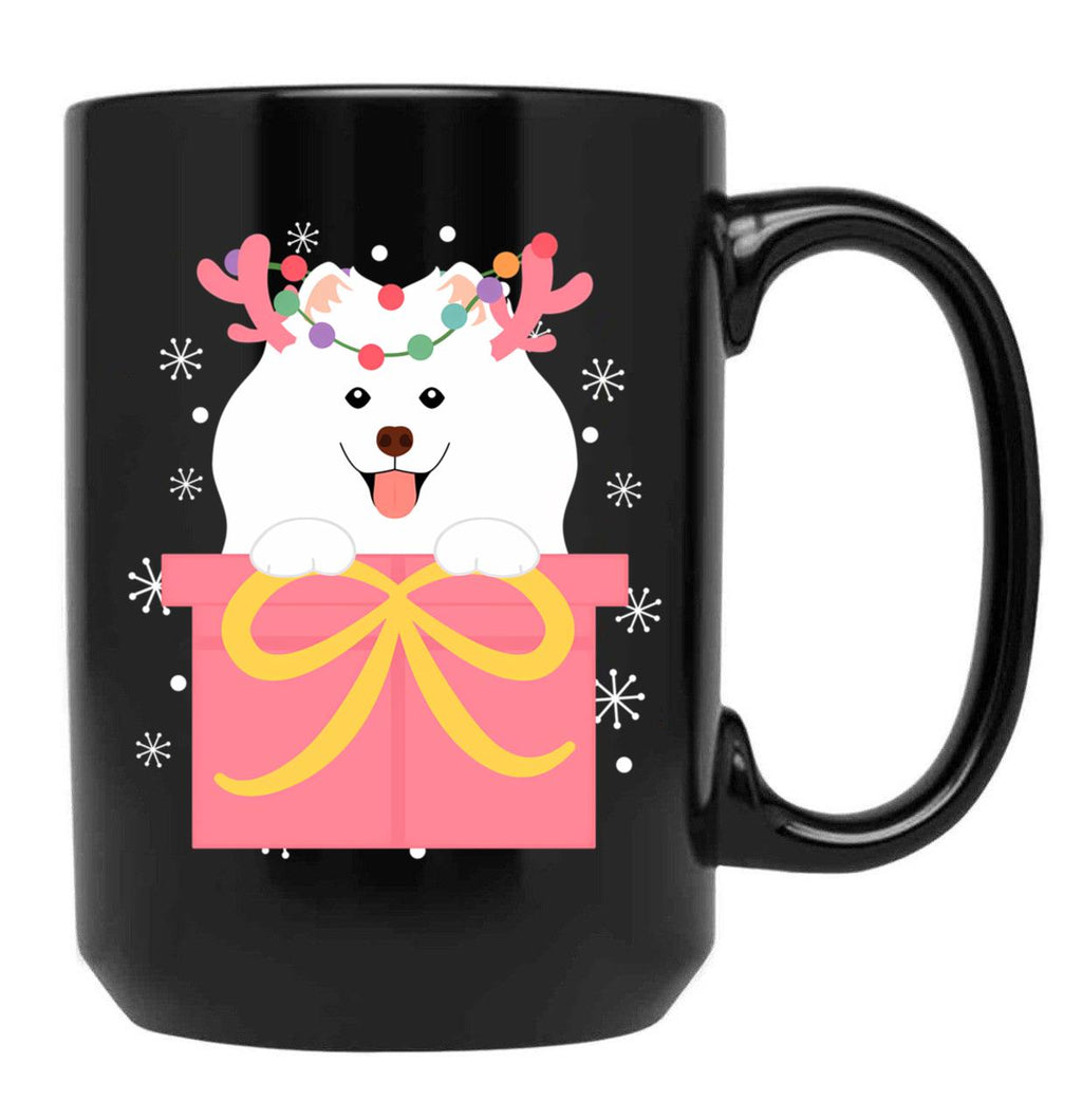 Christmas Reindeer Samoyed In A Gift Box Black Coffee Mug, Gift Coffee Mug