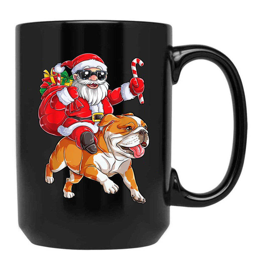 Christmas Santa Claus Riding English Bulldog Xmas Boys Dog Black Coffee Mug, Gift Coffee Mug