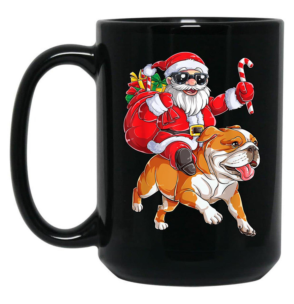 Christmas Santa Claus Riding English Bulldog Xmas Boys Dog Black Coffee Mug, Gift Coffee Mug