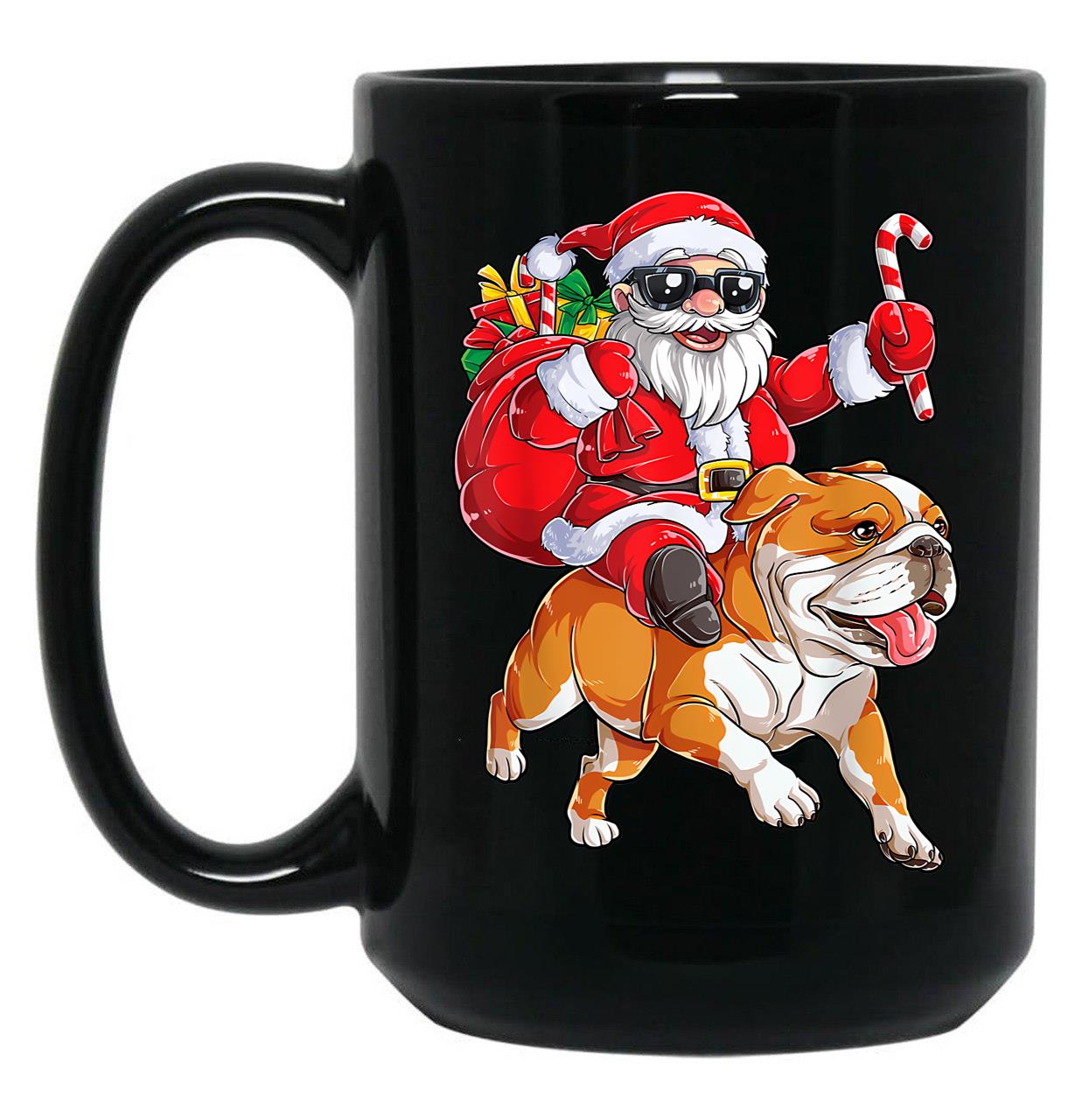 Christmas Santa Claus Riding English Bulldog Xmas Boys Dog Black Coffee Mug, Gift Coffee Mug