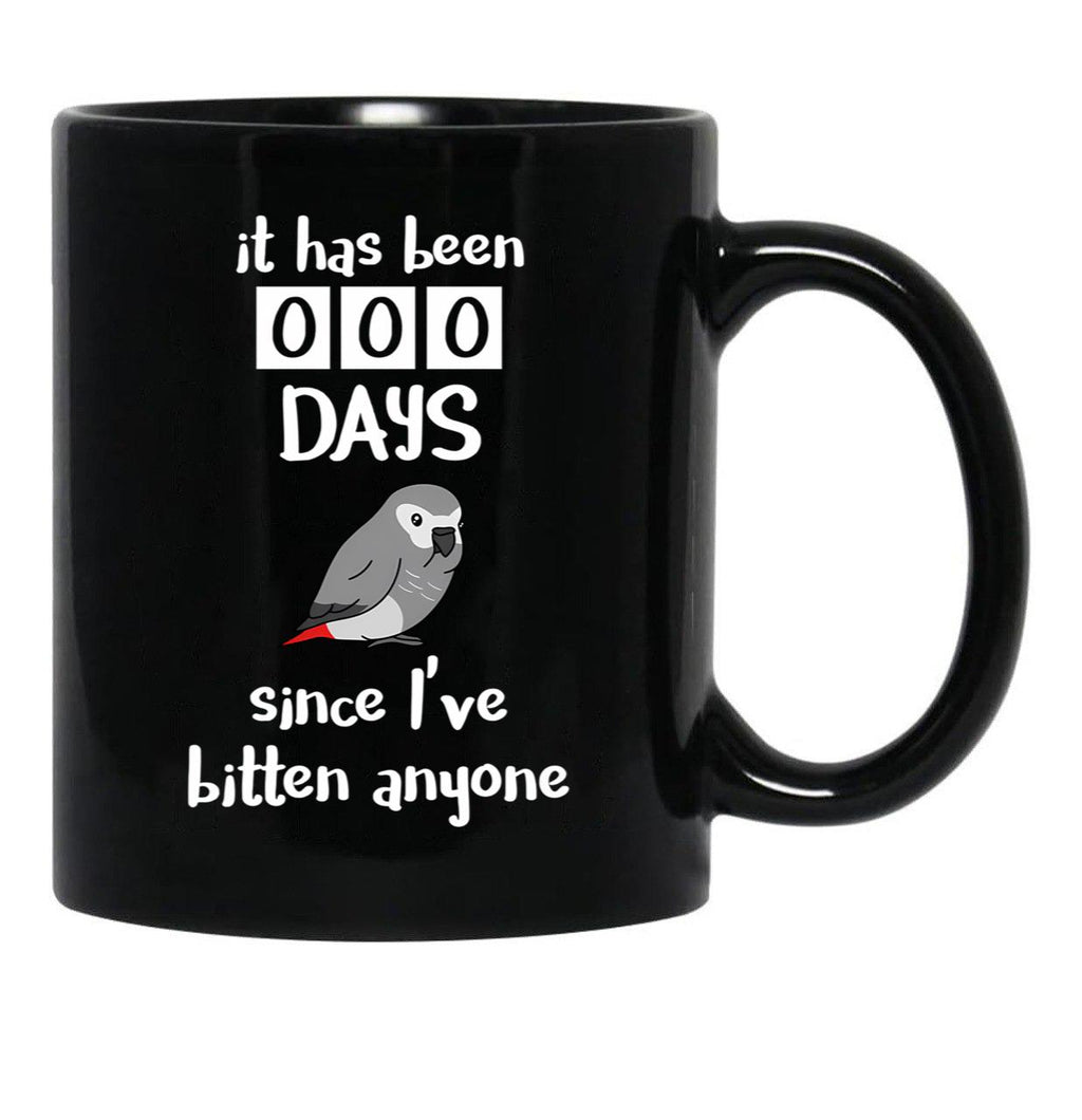 Chubby African Grey Phrase - It Has Been 000 Days Since I'Ve Bitten Anyone Black Coffee Mug, Gift Coffee Mug - Black