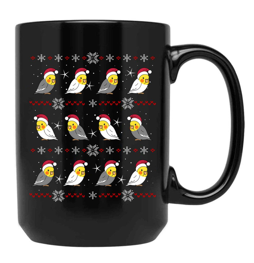 Chubby Cockatiel Christmas Ugly Pattern Black Coffee Mug, Gift Coffee Mug