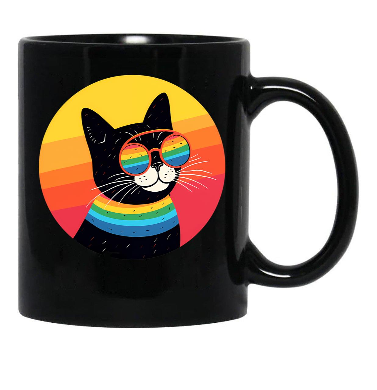 Colorful Groovy Cat Black Coffee Mug, Gift Coffee Mug - Black