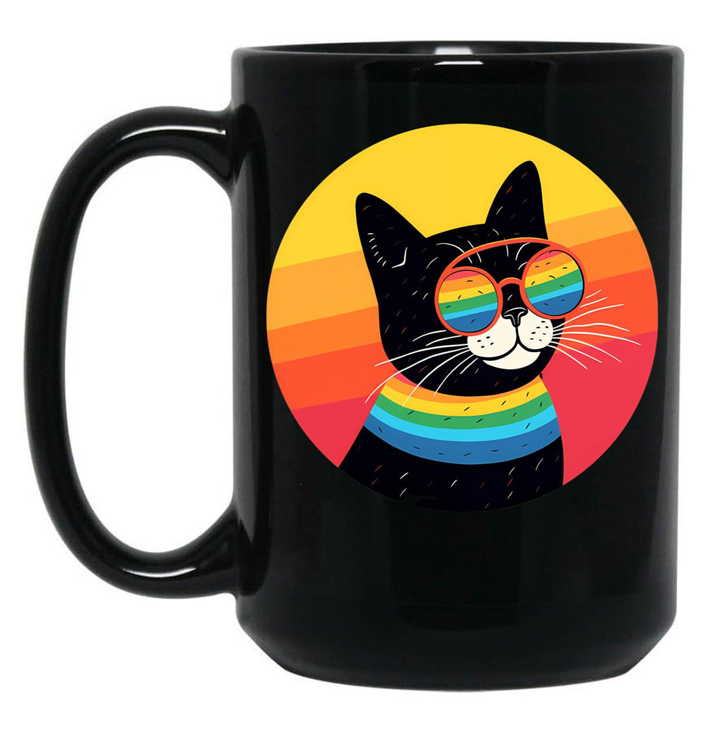 Colorful Groovy Cat Black Coffee Mug, Gift Coffee Mug