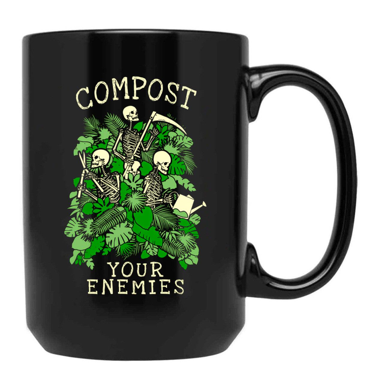 Compost Your Enemies Funny Gardening Goth Skeleton Gardener Black Coffee Mug, Gift Coffee Mug