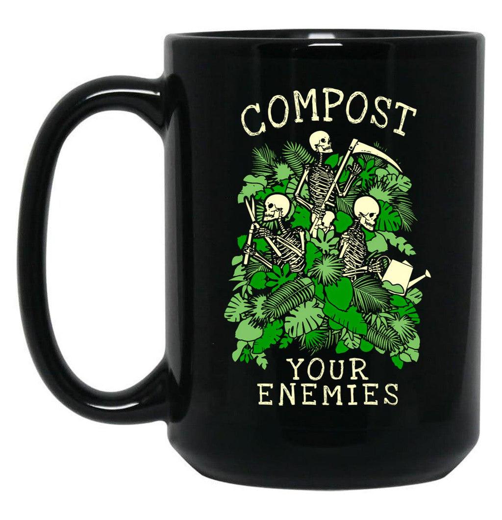Compost Your Enemies Funny Gardening Goth Skeleton Gardener Black Coffee Mug, Gift Coffee Mug