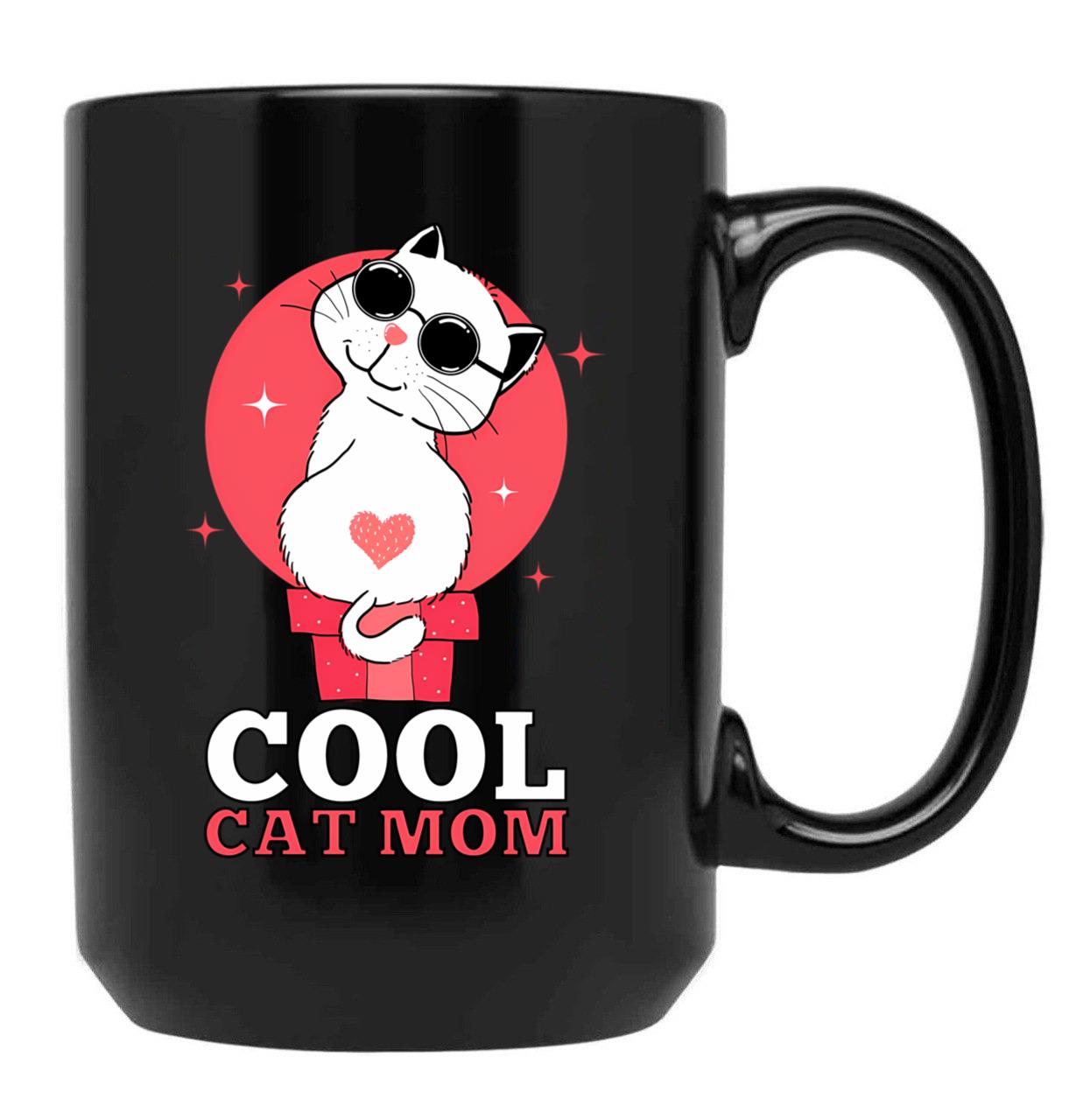 Cool Cat Mom Black Coffee Mug, Gift Coffee Mug