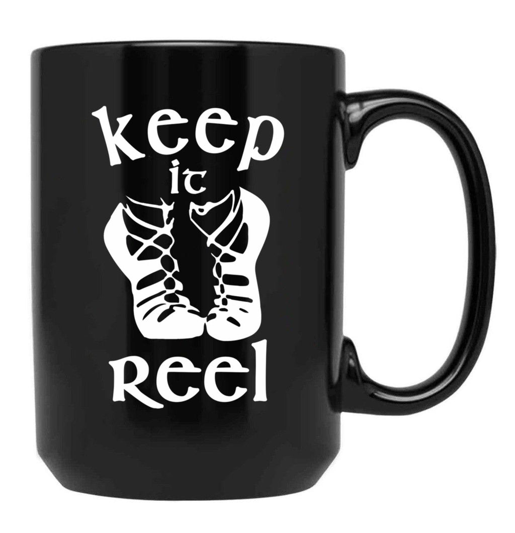 Cool Keep It Reel Irish Dance Design Black Coffee Mug, Gift Coffee Mug