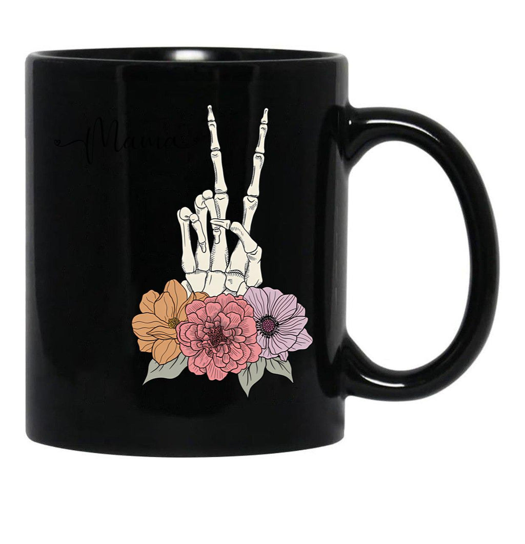 Cool Skeleton Mama With Flowers Peace Black Coffee Mug, Gift Coffee Mug - Black