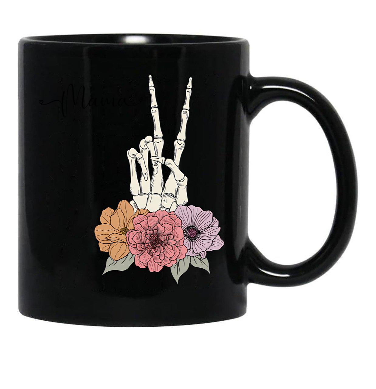 Cool Skeleton Mama With Flowers Peace Black Coffee Mug, Gift Coffee Mug - Black