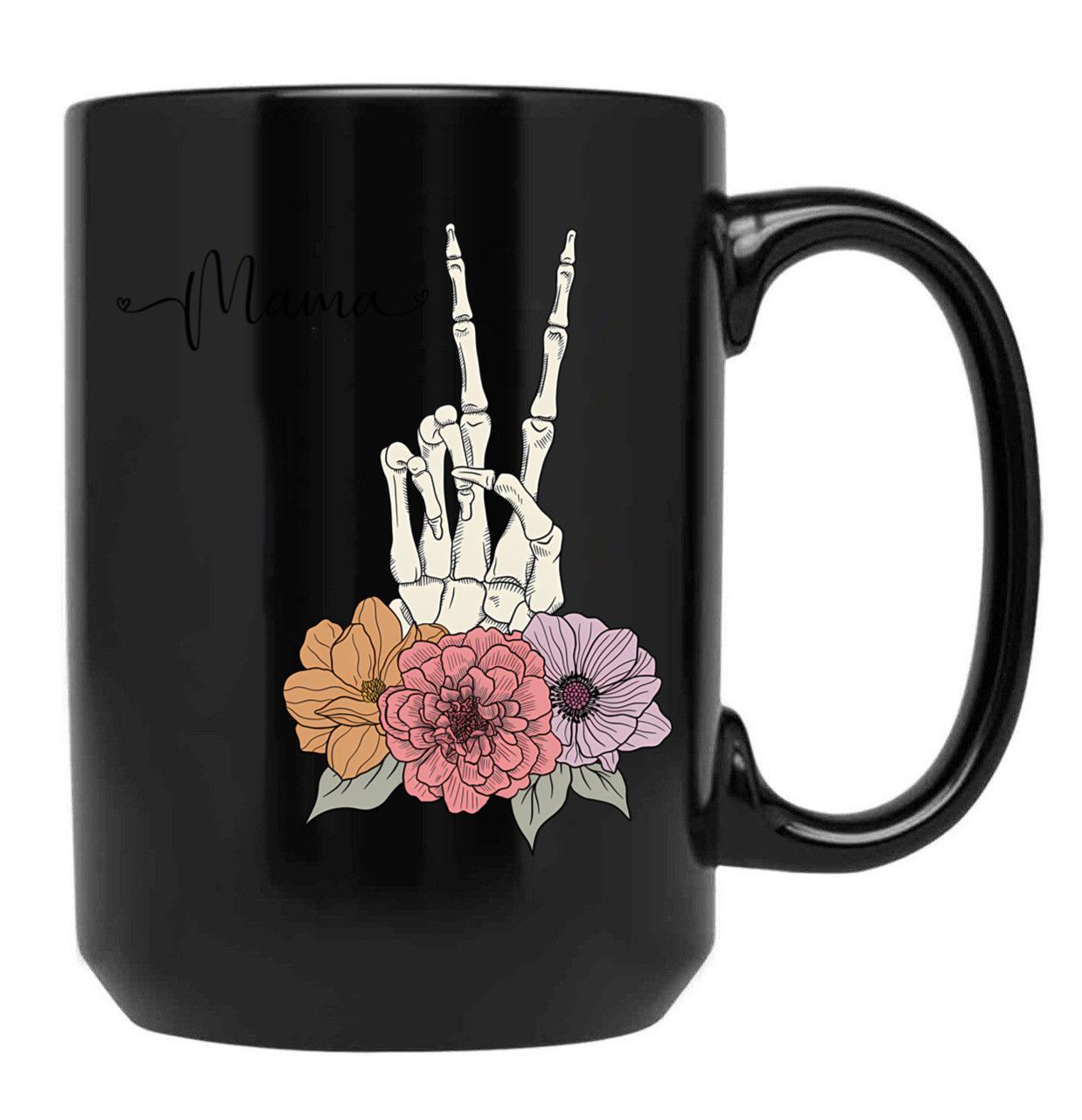 Cool Skeleton Mama With Flowers Peace Black Coffee Mug, Gift Coffee Mug