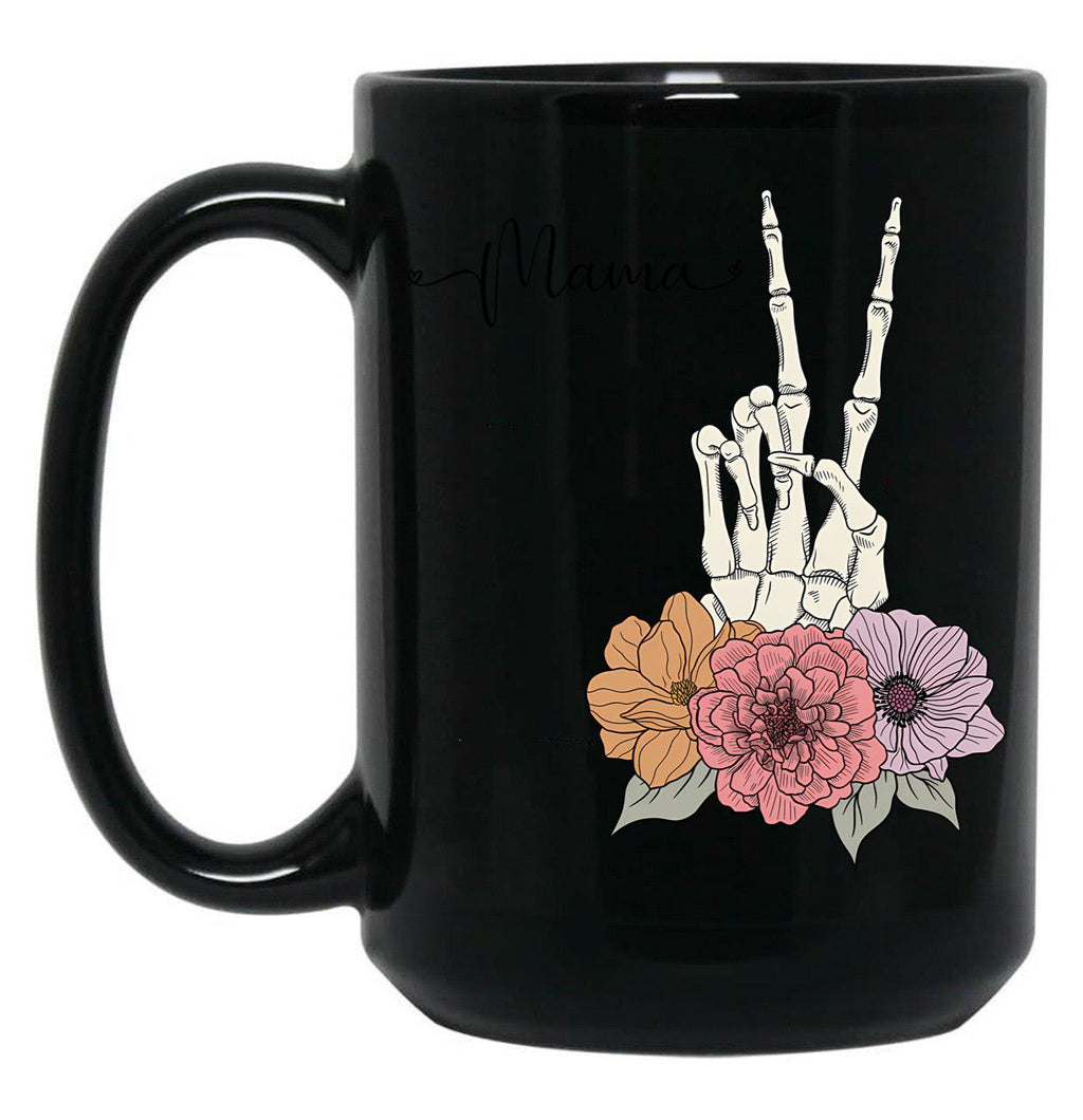 Cool Skeleton Mama With Flowers Peace Black Coffee Mug, Gift Coffee Mug