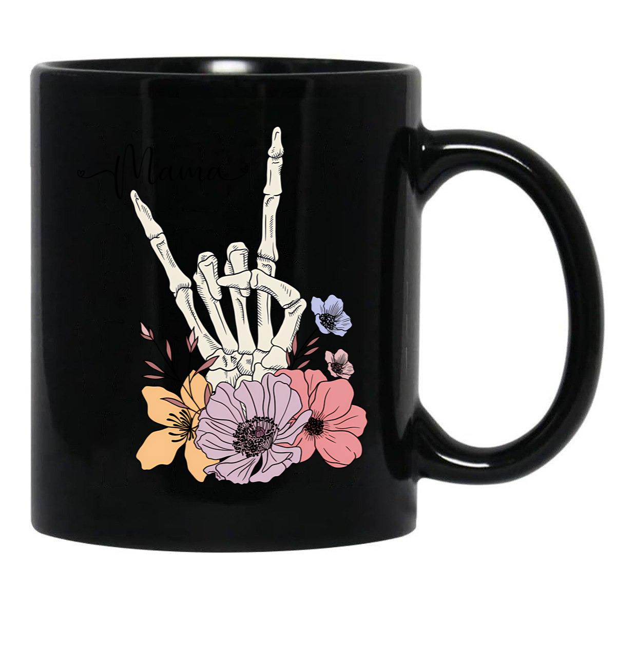 Cool Skeleton Mama With Flowers Black Coffee Mug, Gift Coffee Mug - Black