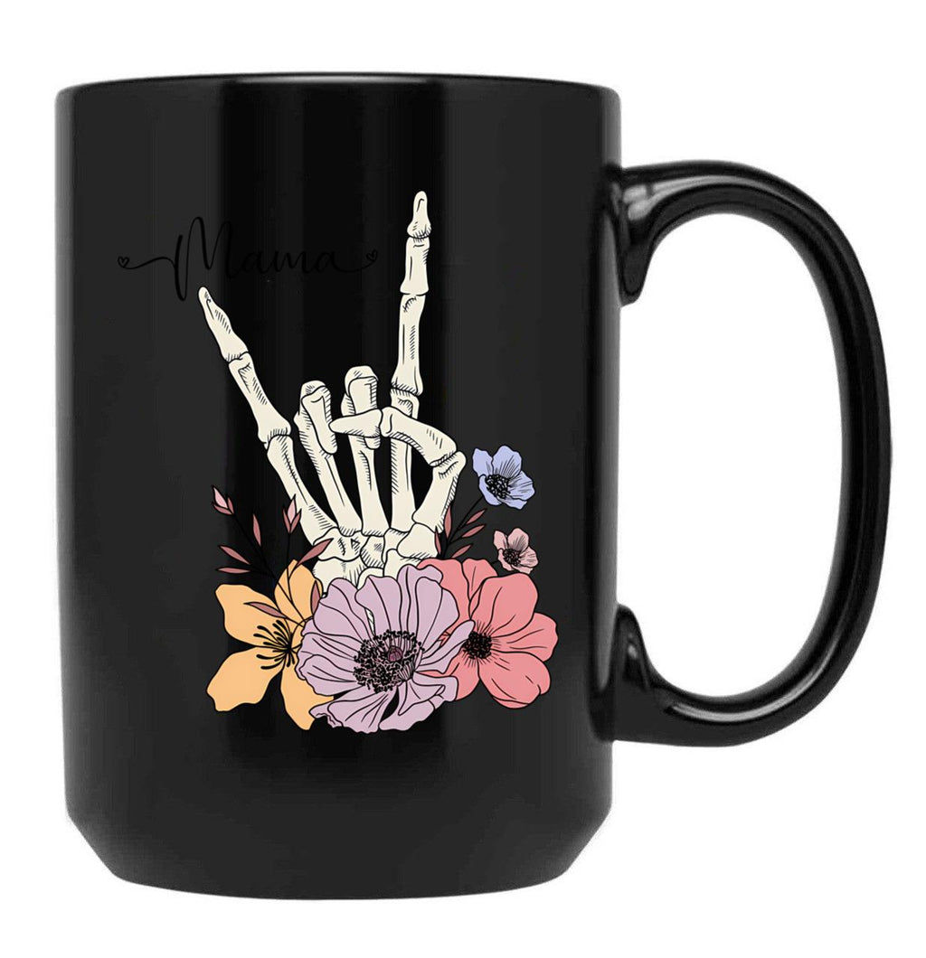 Cool Skeleton Mama With Flowers Black Coffee Mug, Gift Coffee Mug