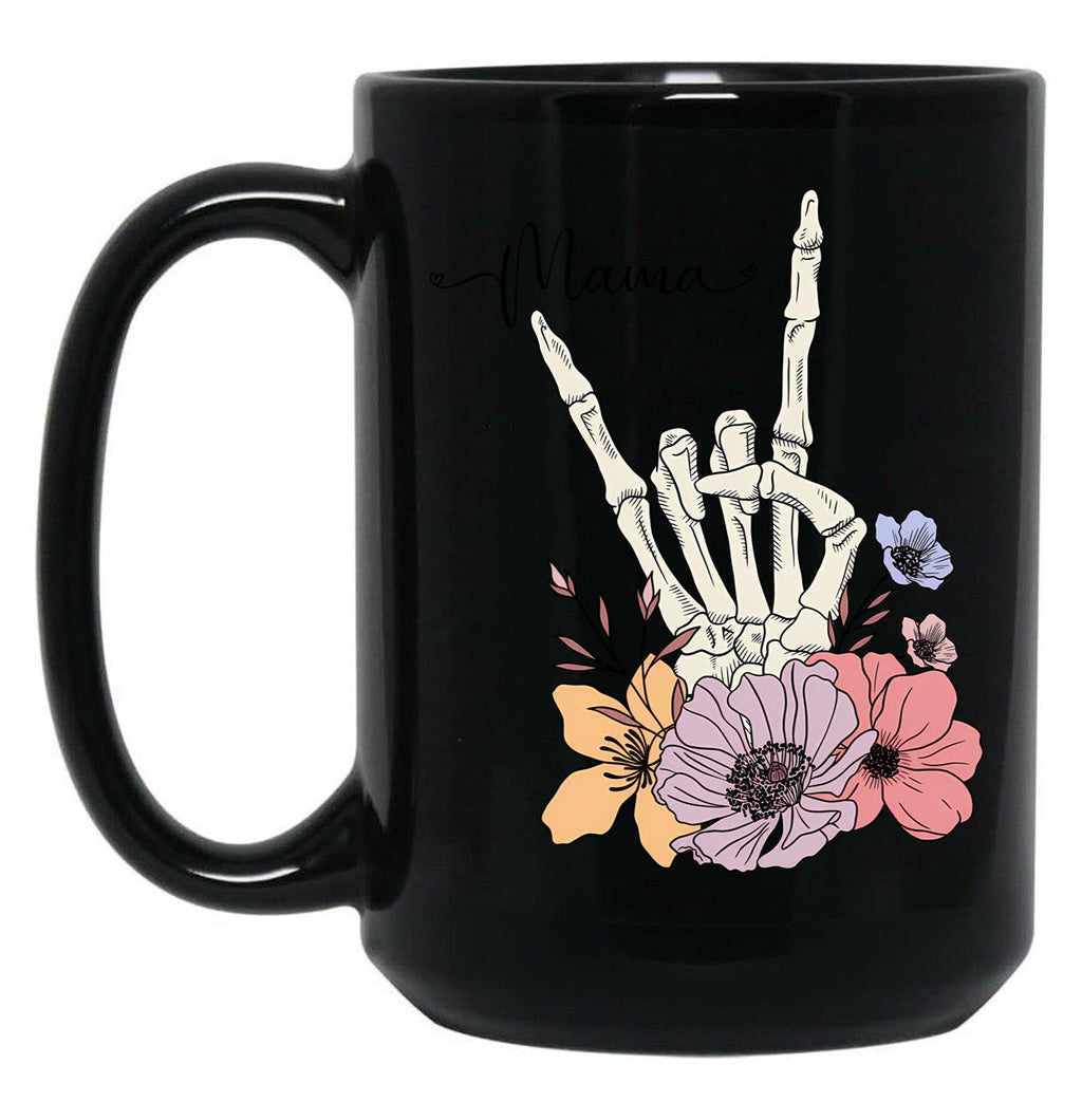 Cool Skeleton Mama With Flowers Black Coffee Mug, Gift Coffee Mug
