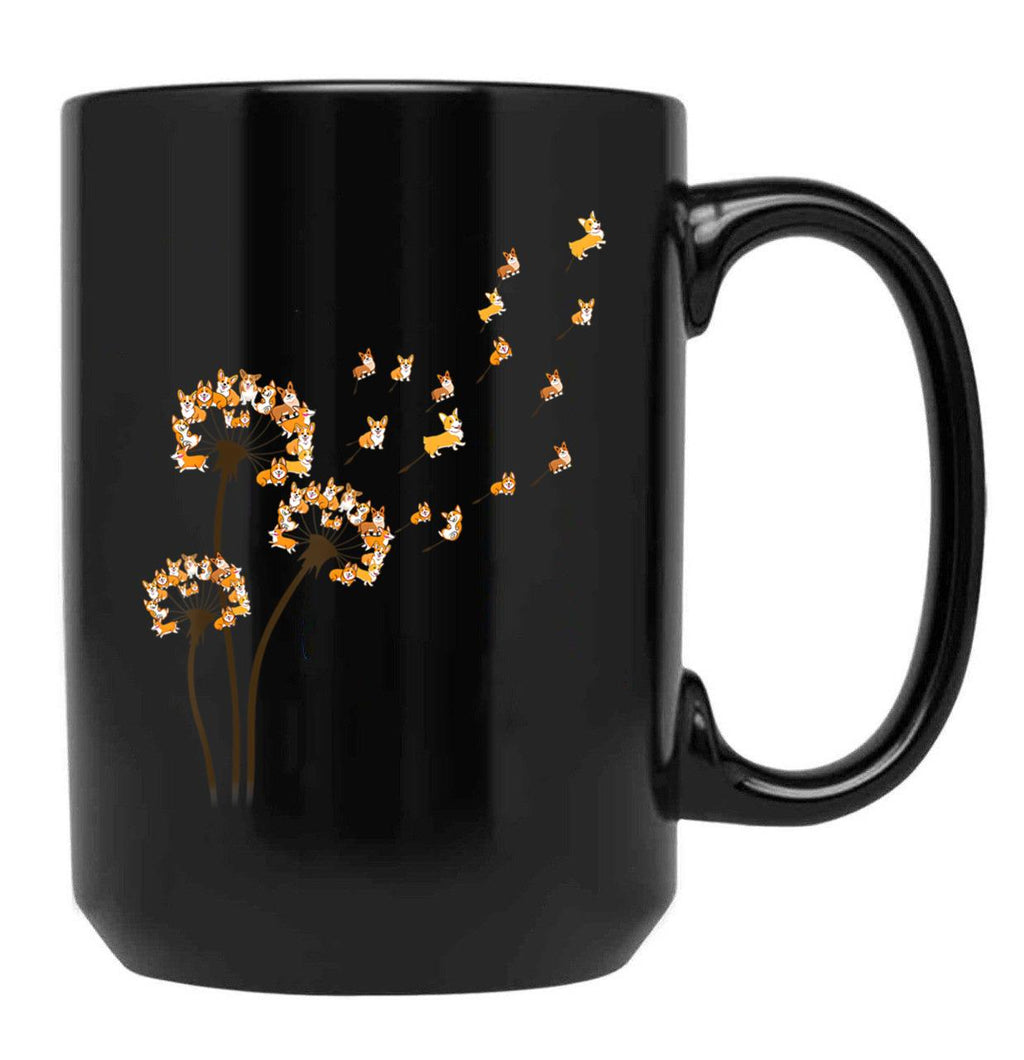 Corgi Flower Fly Dandelion Funny Dog Lover For Mom Men Kids Black Coffee Mug, Gift Coffee Mug