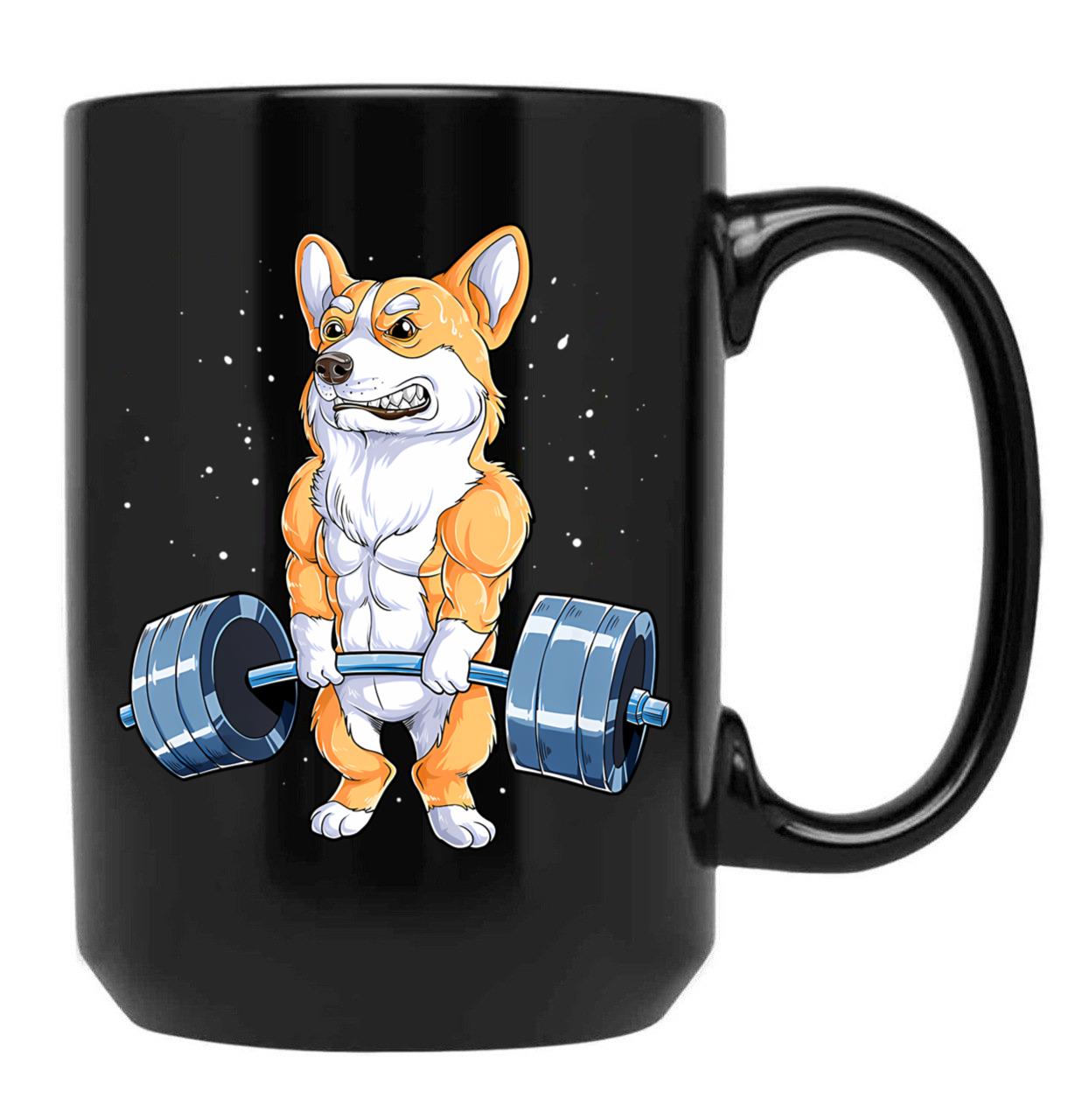 Corgi Weightlifting Funny Dog Deadlift Fitness Gym Workout Black Coffee Mug, Gift Coffee Mug