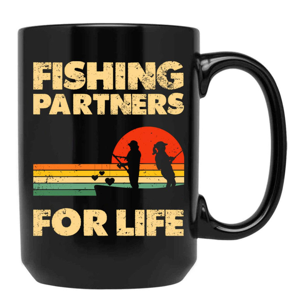 Couples Fishing Tees Retro Vintage Fishing Partners For Life Black Coffee Mug, Gift Coffee Mug
