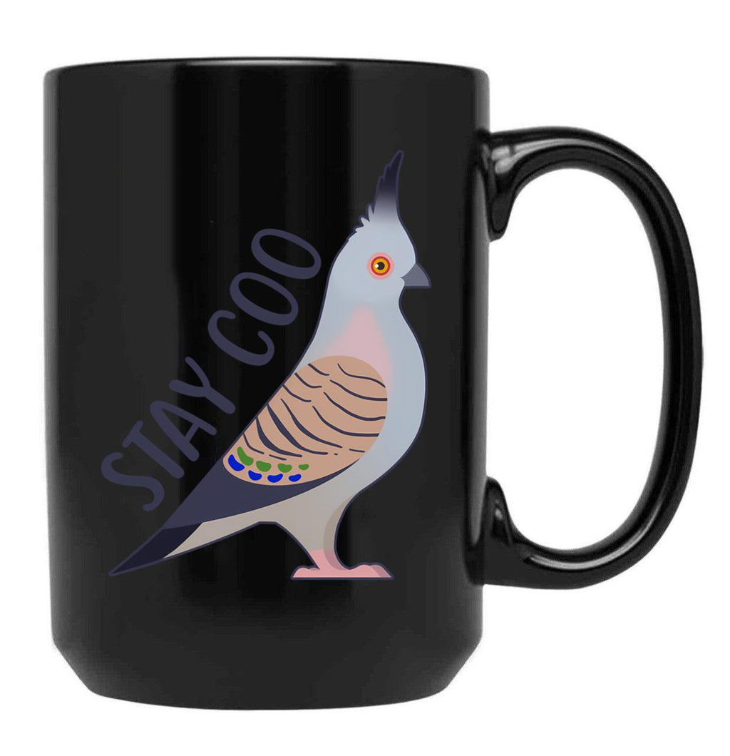 Crested Pigeon Stay Coo Black Coffee Mug, Gift Coffee Mug