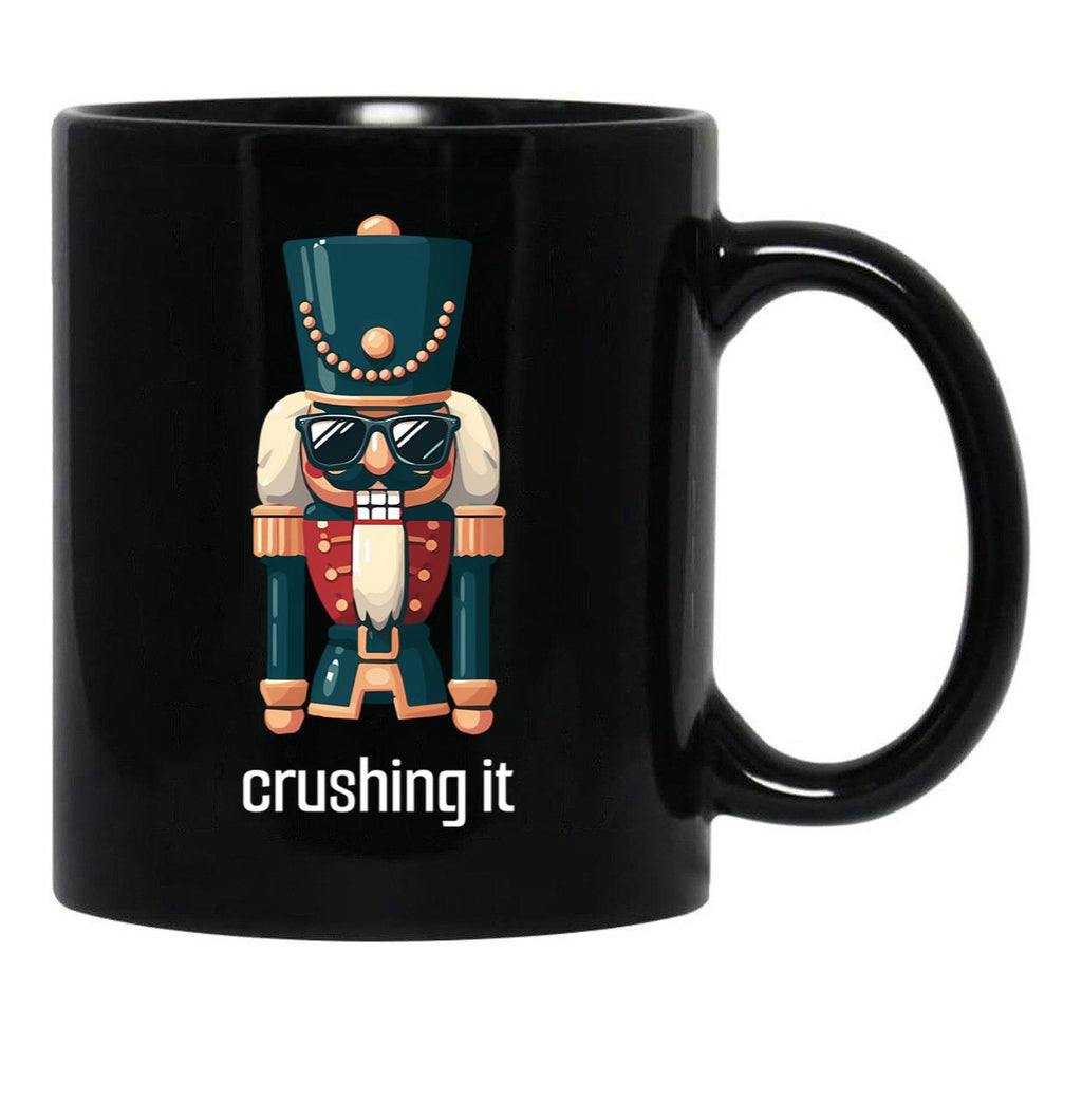 Crushing It - Nutcracker With Sunglasses - Festive Humor Black Coffee Mug, Gift Coffee Mug - Black