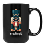 Crushing It - Nutcracker With Sunglasses - Festive Humor Black Coffee Mug, Gift Coffee Mug