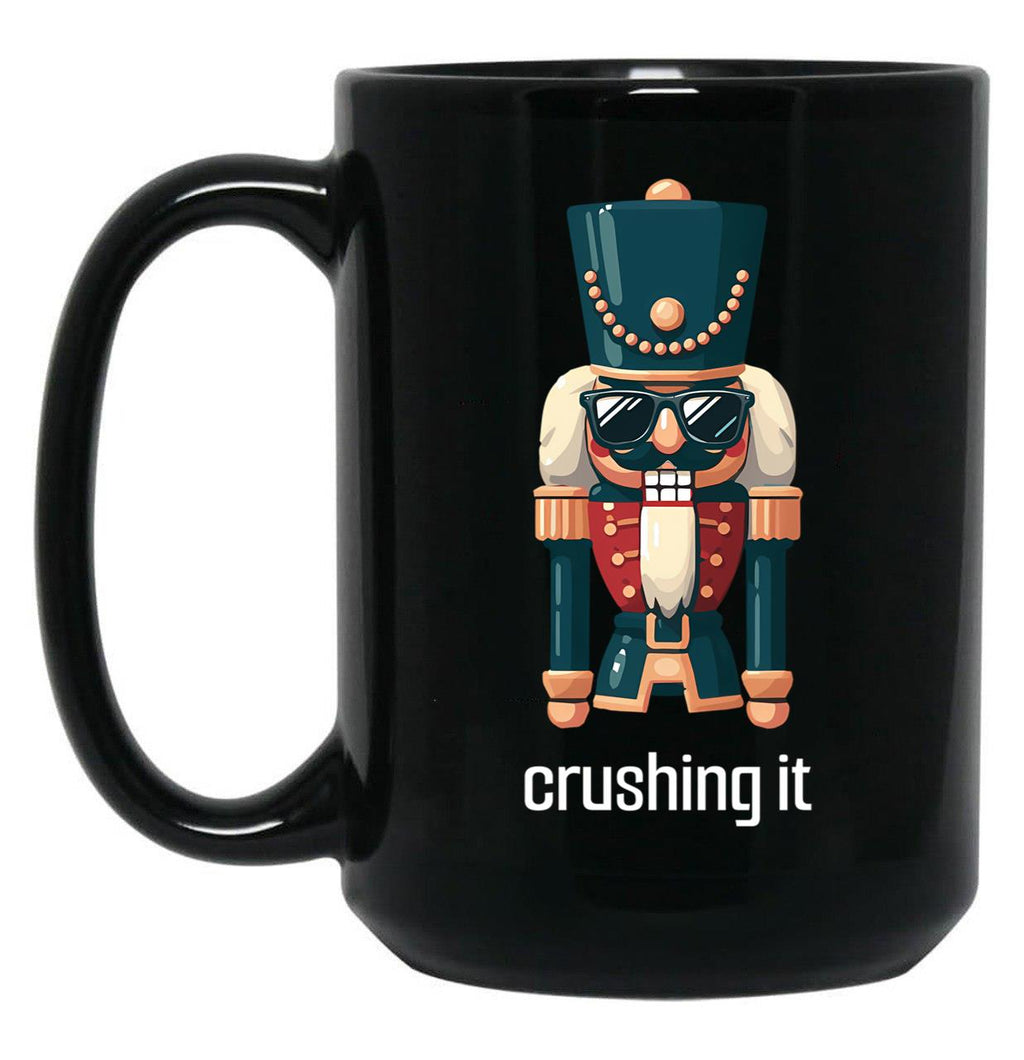 Crushing It - Nutcracker With Sunglasses - Festive Humor Black Coffee Mug, Gift Coffee Mug