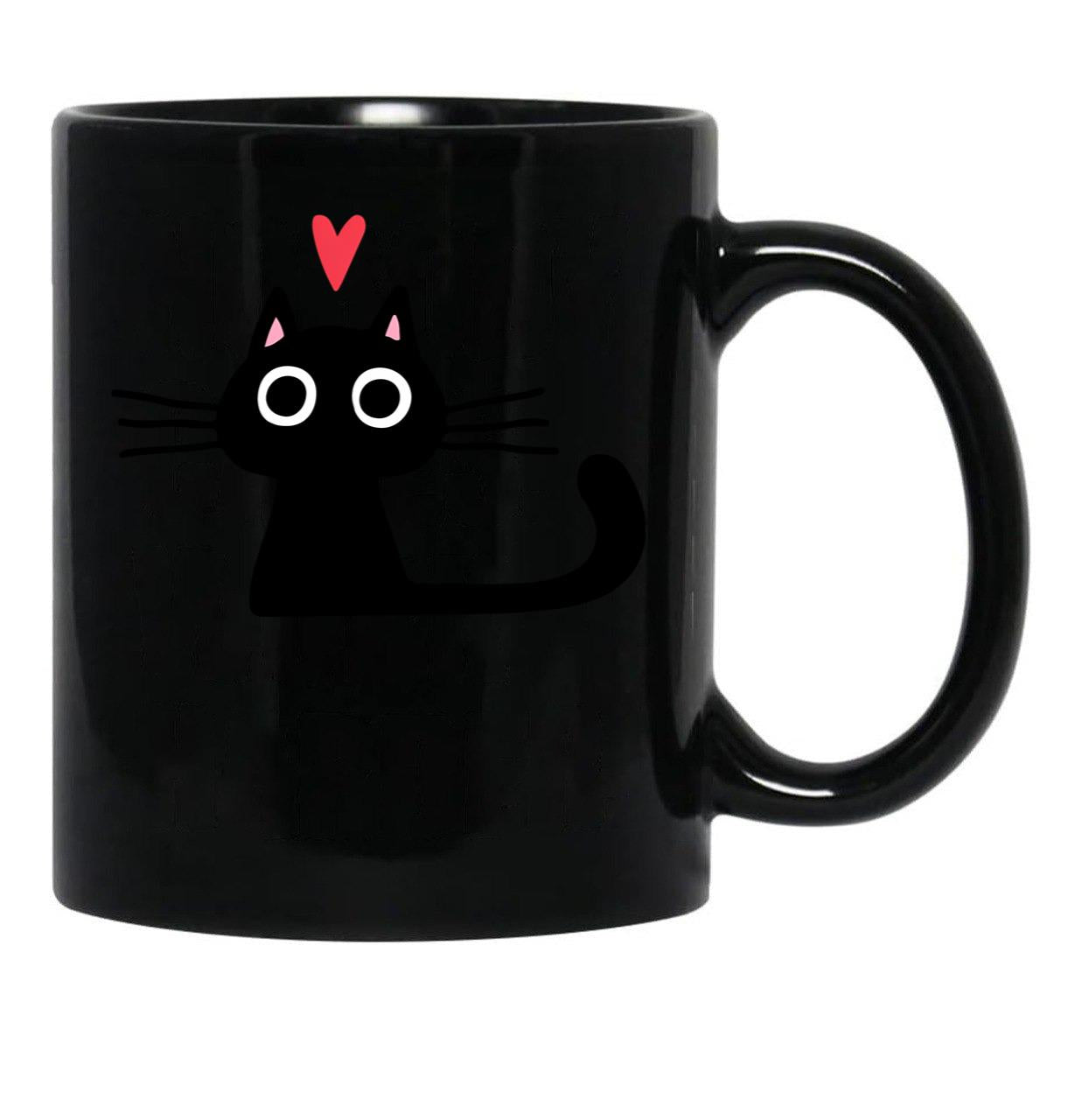 Cute Black Cat With Heart Black Coffee Mug, Gift Coffee Mug - Black