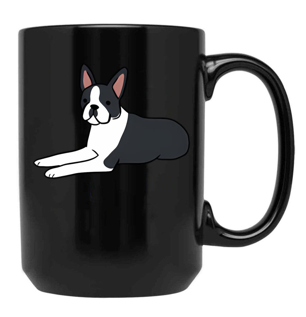 Cute Boston Terrier Illustration Black Coffee Mug, Gift Coffee Mug
