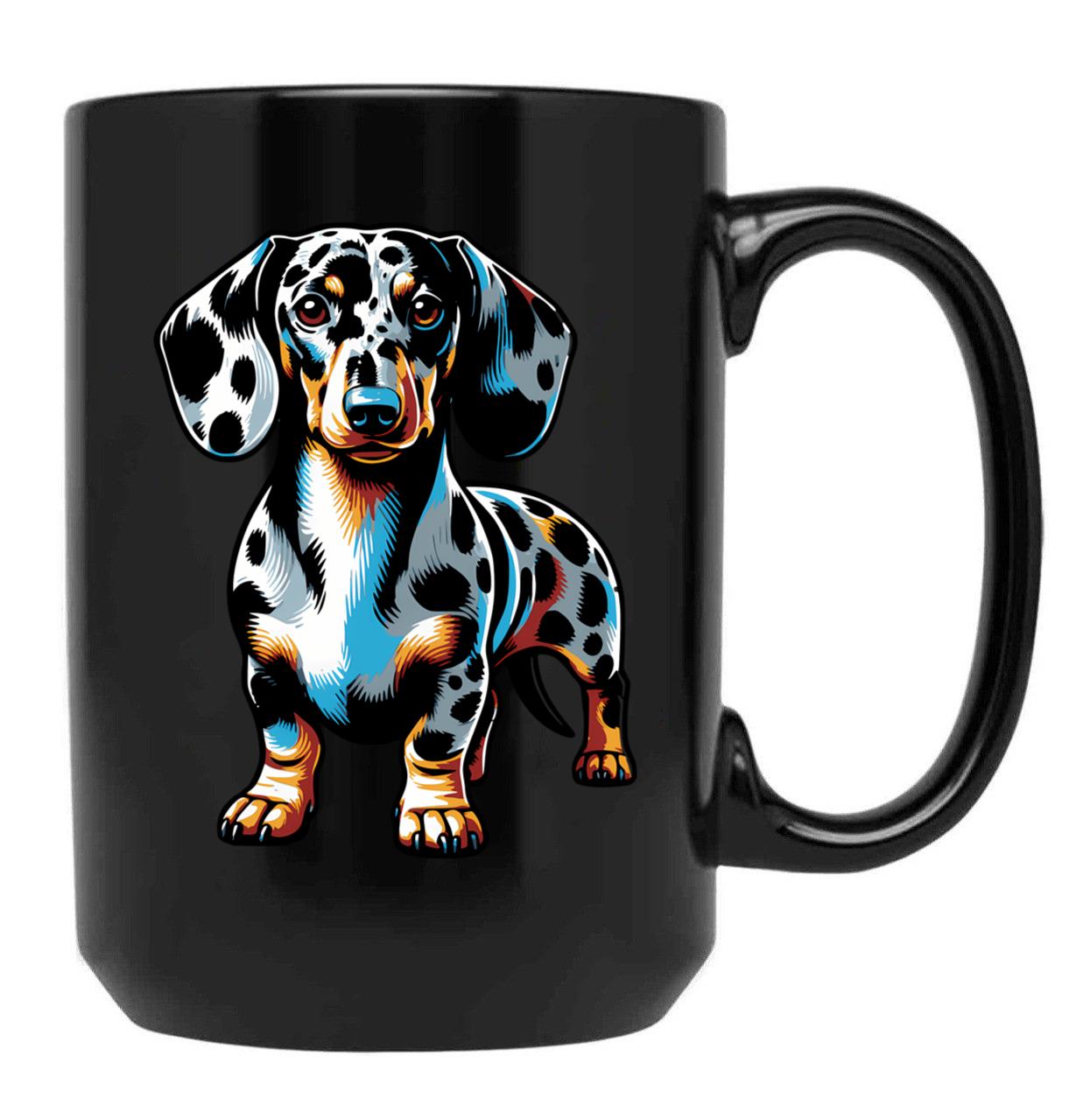 Cute Dapple Dachshund Black Coffee Mug, Gift Coffee Mug