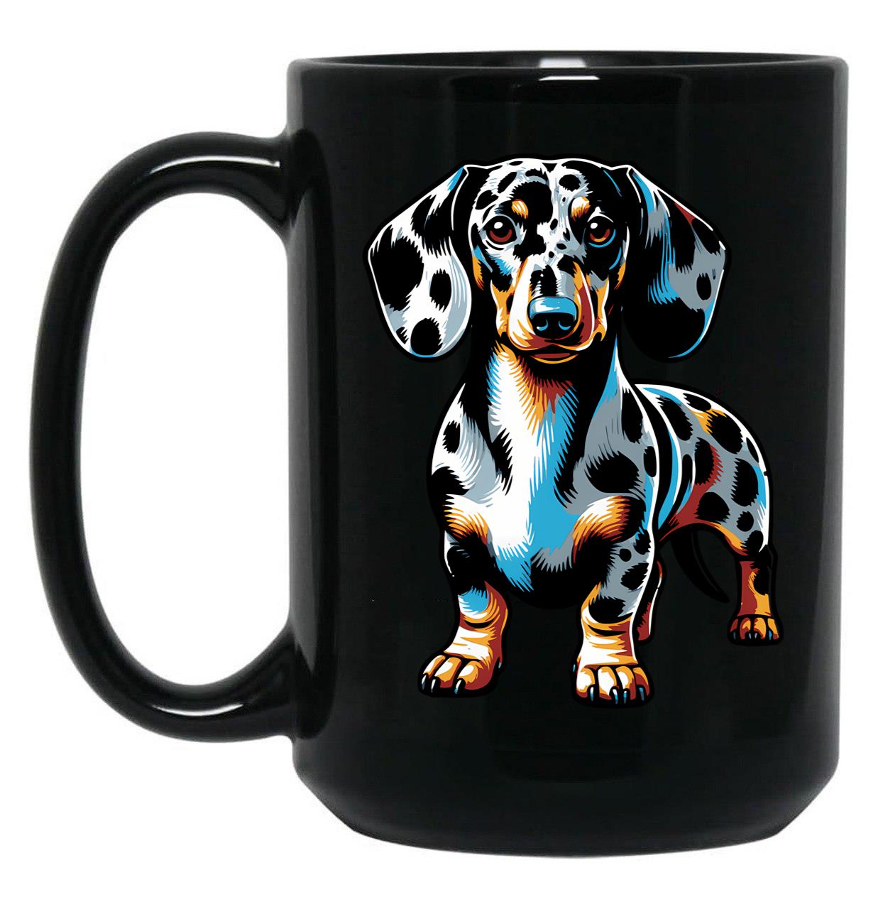 Cute Dapple Dachshund Black Coffee Mug, Gift Coffee Mug