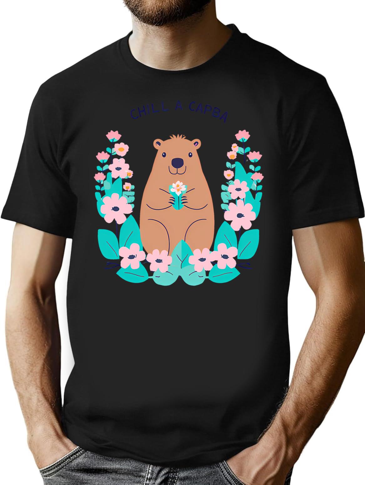 Cute Flowers With Capybara T-Shirt for Men & Women, T-Shirts Graphic Tee - Black