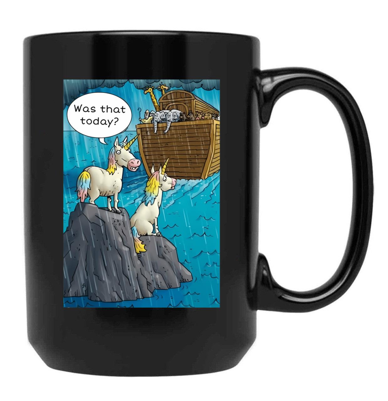 Cute Funny Noahs Ark Unicorn Tee Shurt Black Coffee Mug, Gift Coffee Mug